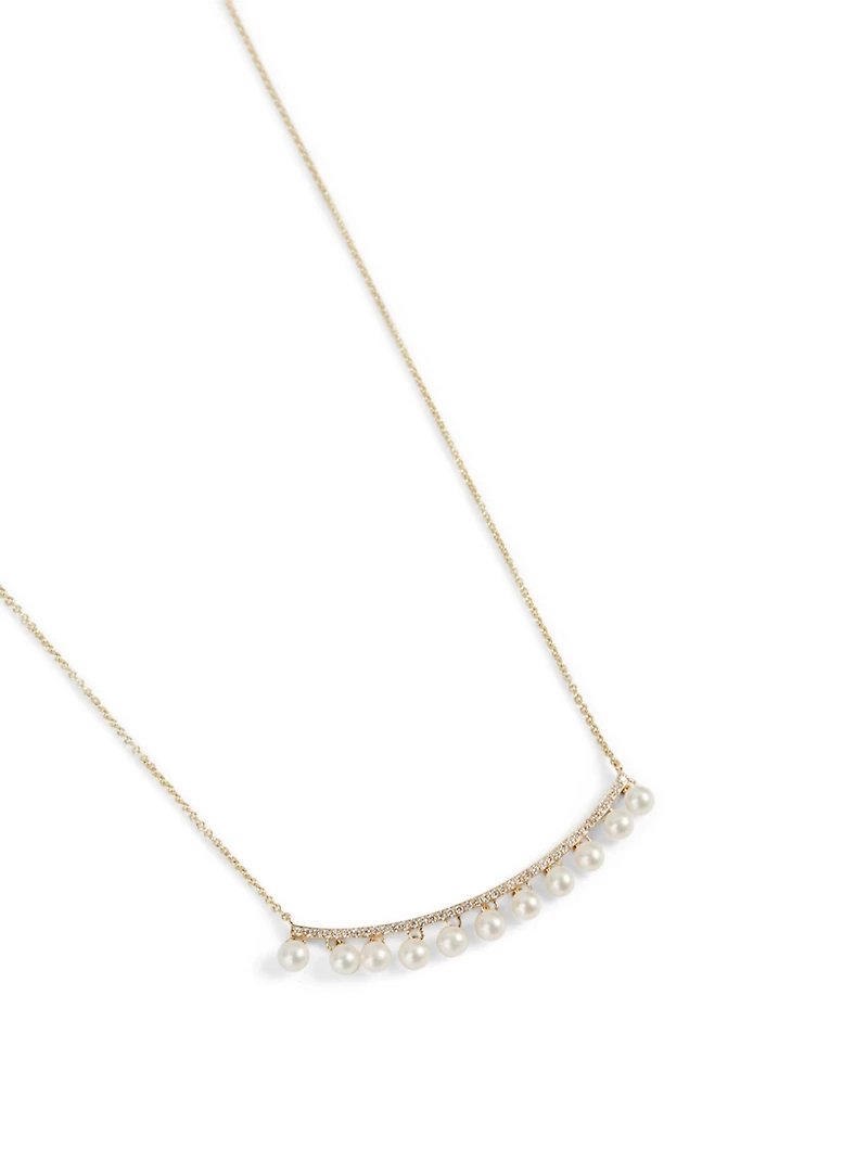 14K Gold Drop Bar Necklace With Diamonds And Pearls