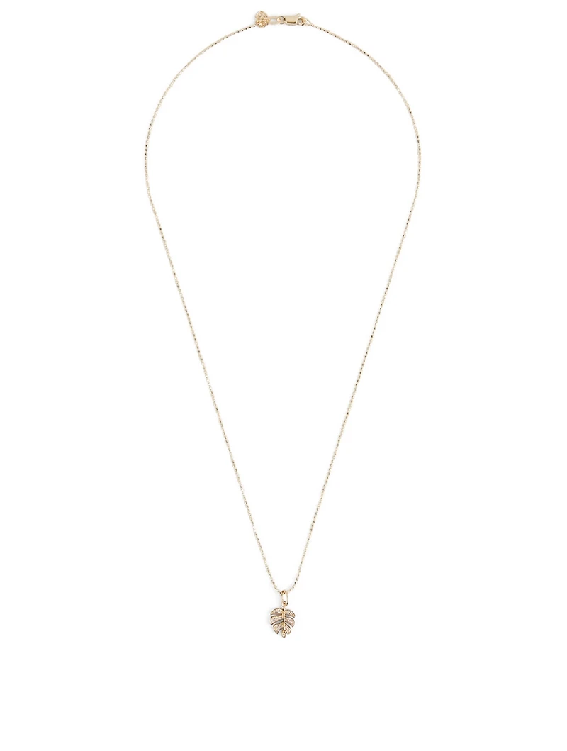 Small 14K Gold Monstera Leaf Charm Necklace With Diamonds
