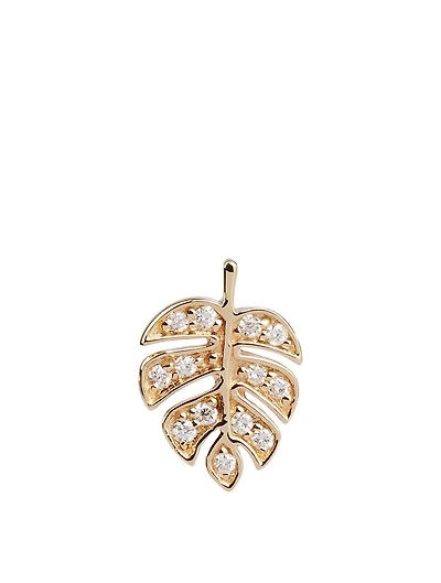 Tiny 14K Gold Monstera Leaf Left Stud Earring With Diamonds