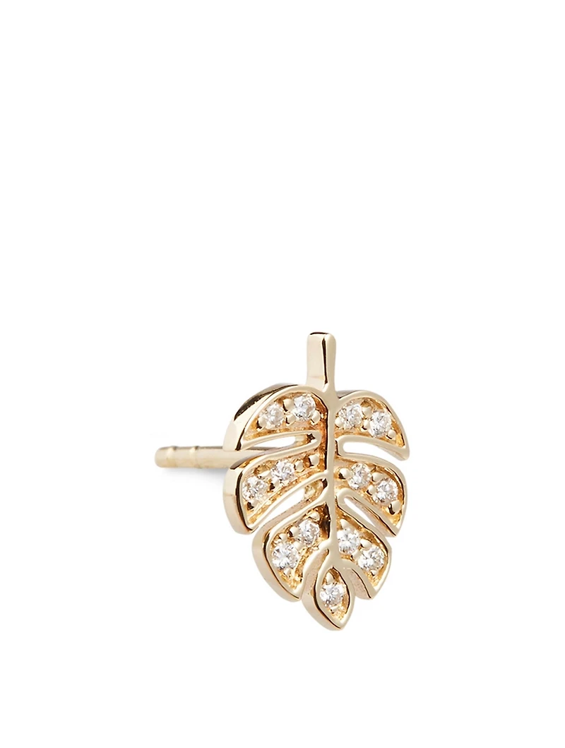 Tiny 14K Gold Monstera Leaf Left Stud Earring With Diamonds