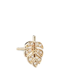 Tiny 14K Gold Monstera Leaf Left Stud Earring With Diamonds