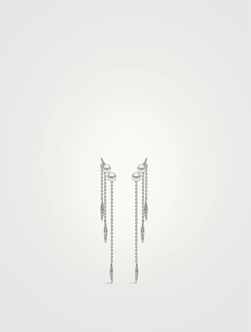 18K White Gold Pearl And Diamond Drop Chain Earrings