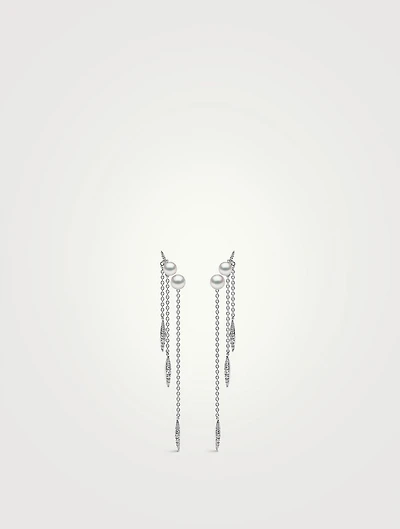 18K White Gold Pearl And Diamond Drop Chain Earrings