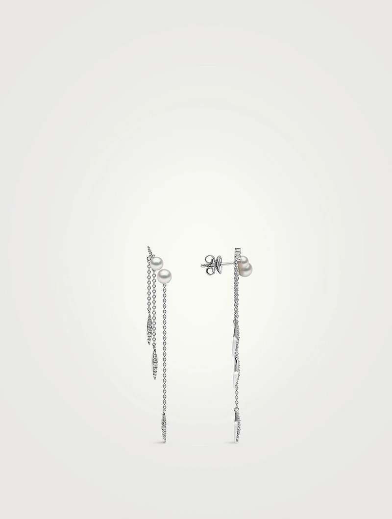 18K White Gold Pearl And Diamond Drop Chain Earrings