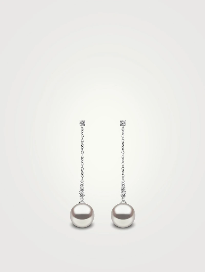 18K White Gold Pearl And Diamond Drop Chain Earrings