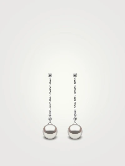 18K White Gold Pearl And Diamond Drop Chain Earrings