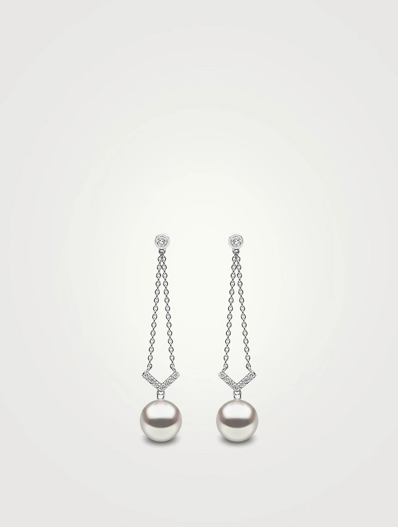 18K White Gold Pearl And Diamond Drop Chain Earrings