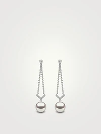 18K White Gold Pearl And Diamond Drop Chain Earrings
