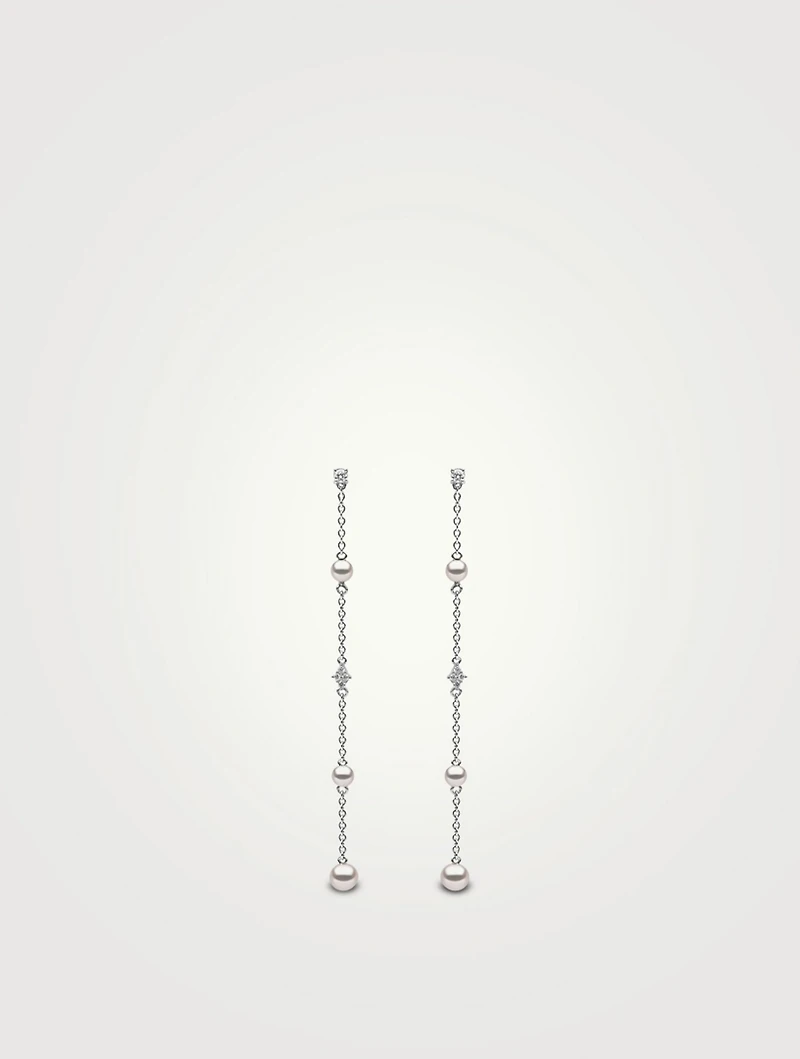 18K White Gold Pearl And Diamond Drop Chain Earrings