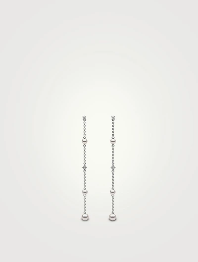 18K White Gold Pearl And Diamond Drop Chain Earrings