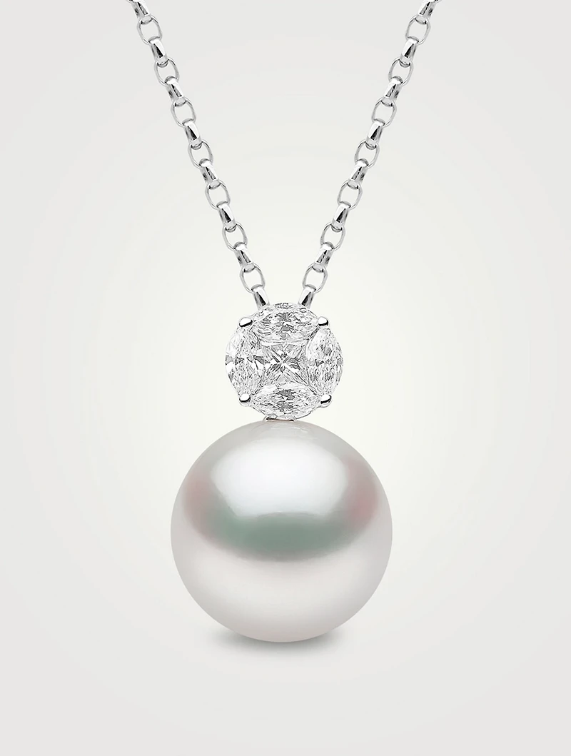 18K White Gold Pearl And Diamond Pendant Necklace