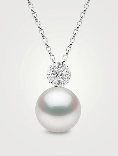 18K White Gold Pearl And Diamond Pendant Necklace