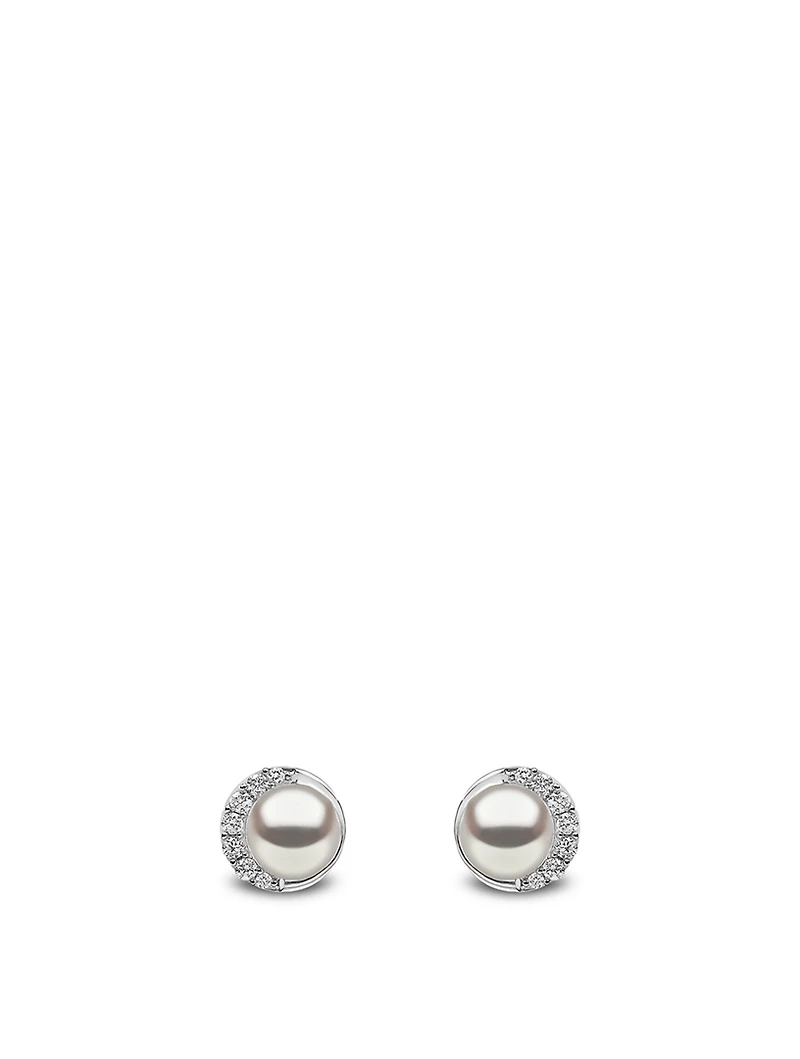 18K White Gold Pearl Stud Earrings With Diamonds