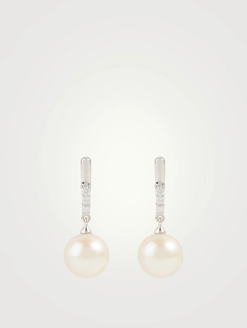 18K White Gold Pearl Drop Earrings With Diamonds