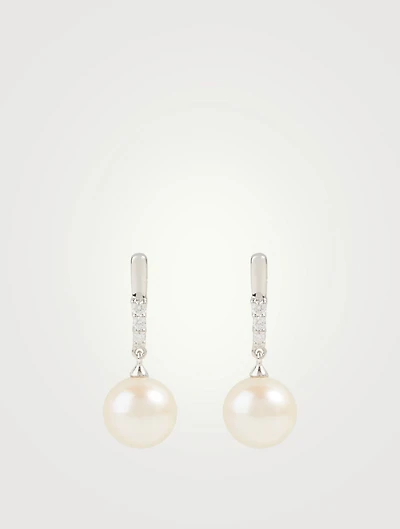 18K White Gold Pearl Drop Earrings With Diamonds