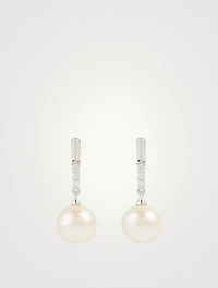 18K White Gold Pearl Drop Earrings With Diamonds