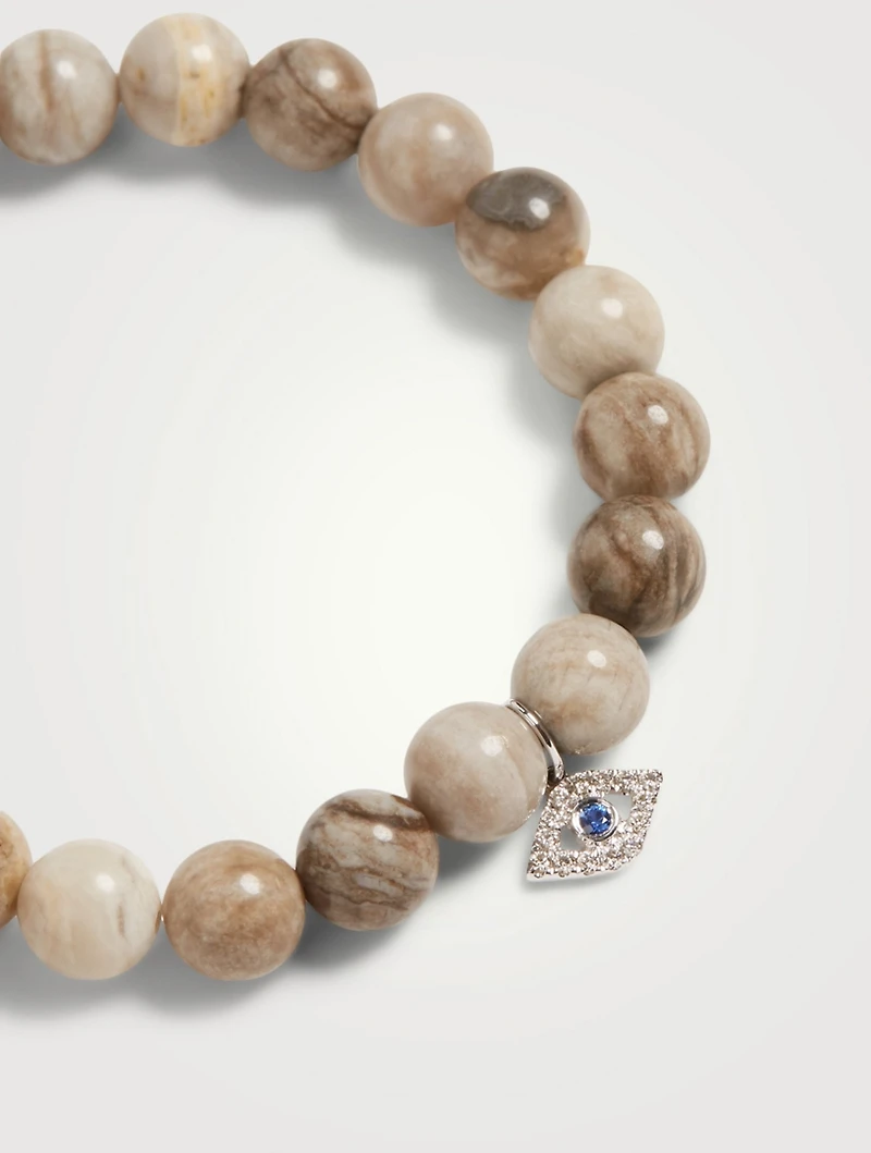 Beaded Bracelet With 14K Gold Large Bezel Evil Eye Sapphire And Diamond Charm