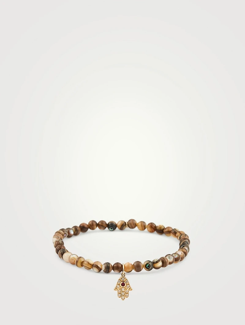 Beaded Bracelet With 14K Gold Baby Hamsa Diamond And Ruby Charm