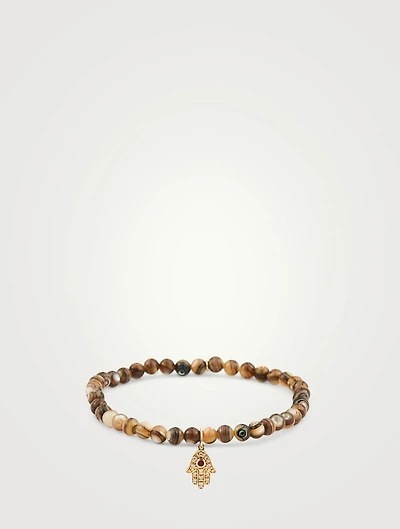 Beaded Bracelet With 14K Gold Baby Hamsa Diamond And Ruby Charm