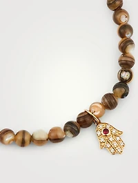 Beaded Bracelet With 14K Gold Baby Hamsa Diamond And Ruby Charm