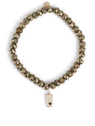 Beaded Bracelet With 14K Gold Tiny Diamond Heart Dog Tag Charm