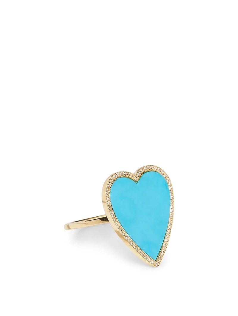 Large Gold Turquoise Inlay Heart Ring With Diamonds