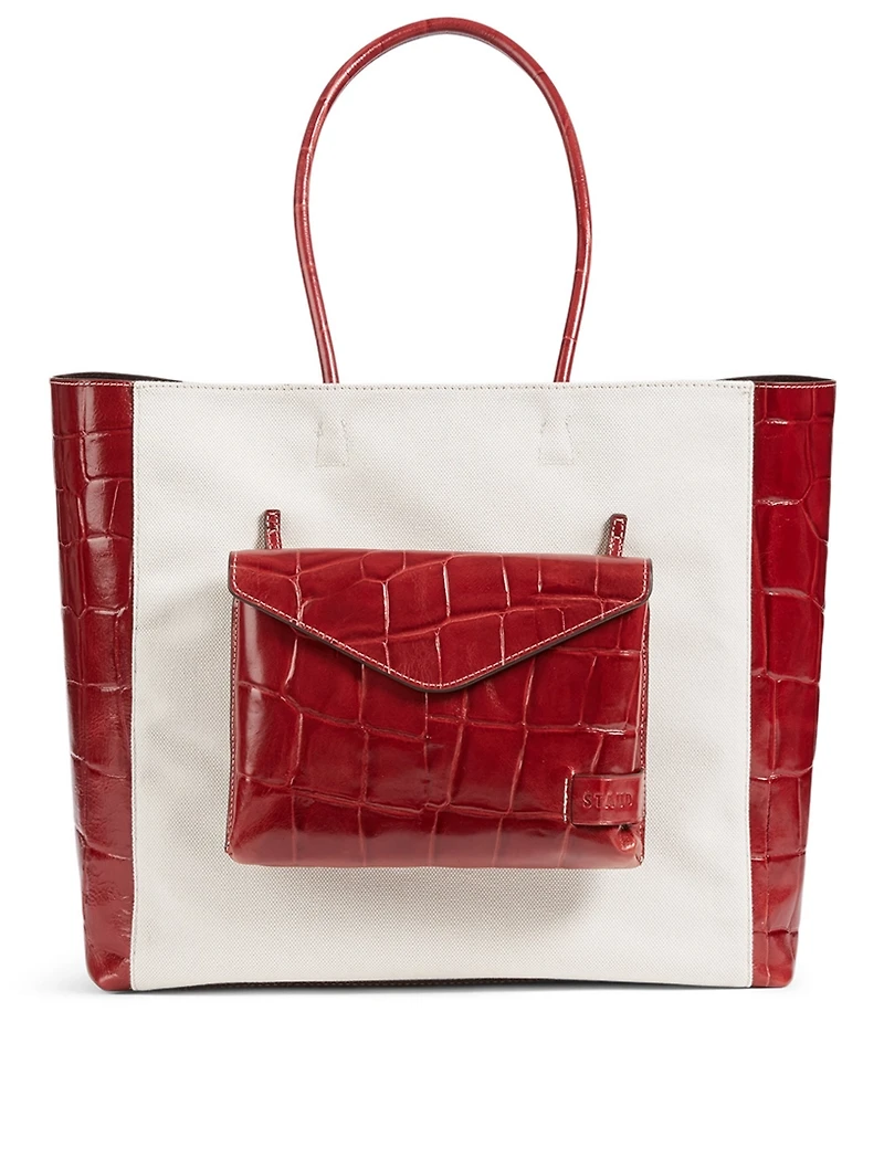 Linda Canvas And Croc-Embossed Leather Tote Bag