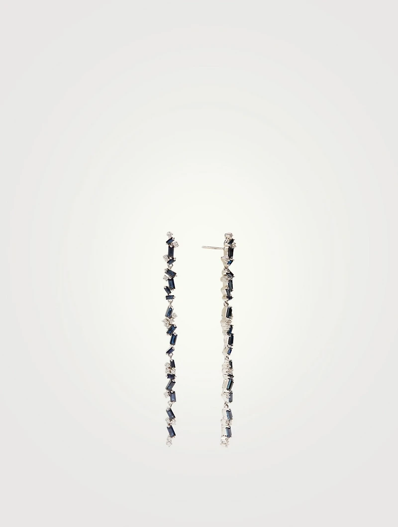 Fireworks 18K White Gold Flexible Dangle Earrings With Diamonds And Blue Sapphire