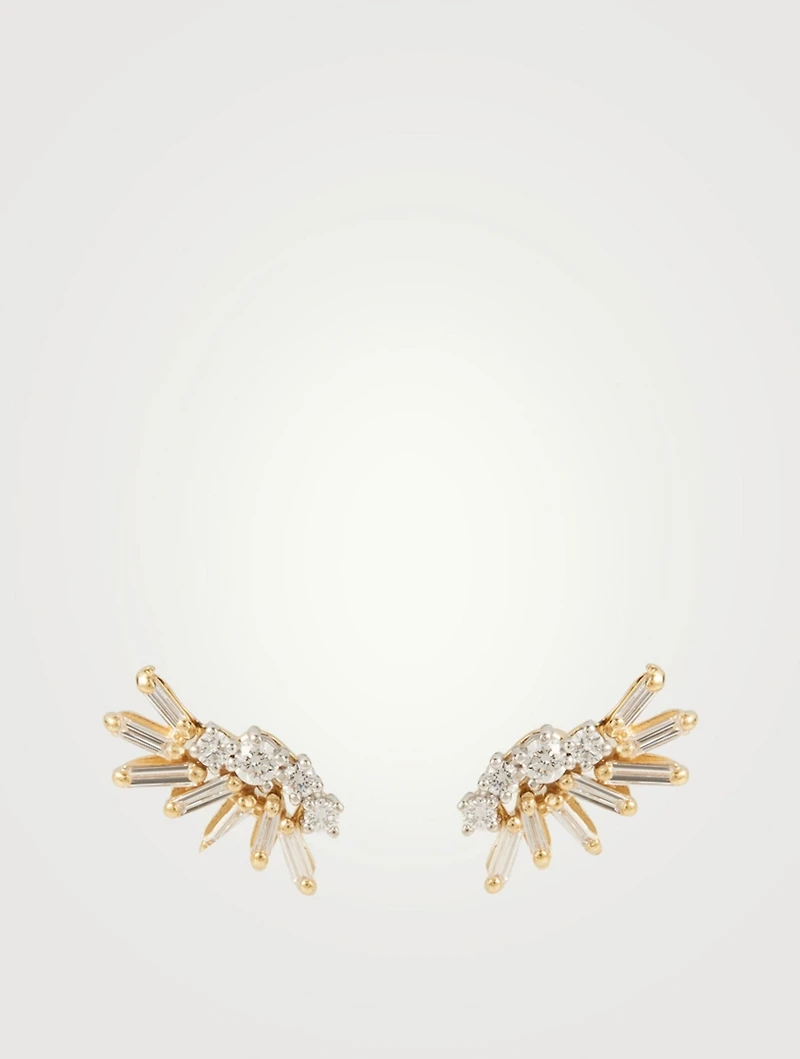 Small Fireworks 18K Yellow And White Gold Plume Earrings With Diamonds