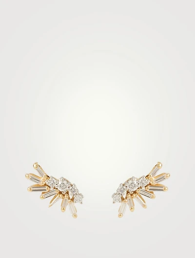 Small Fireworks 18K Yellow And White Gold Plume Earrings With Diamonds