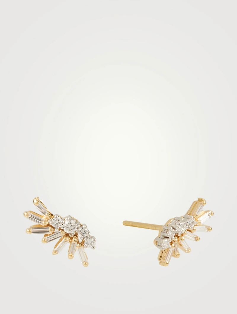 Small Fireworks 18K Yellow And White Gold Plume Earrings With Diamonds