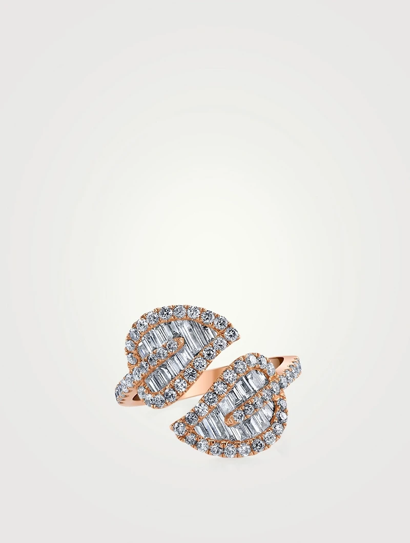 Medium 18K Rose Gold Leaf Ring With Diamonds
