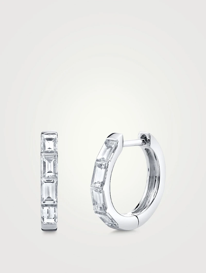 18K White Gold Huggie Hoop Earrings With Diamonds