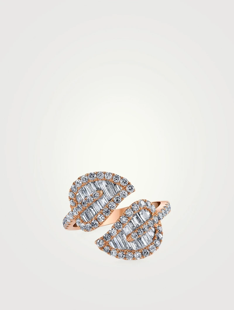 Medium 18K Rose Gold Leaf Ring With Diamonds
