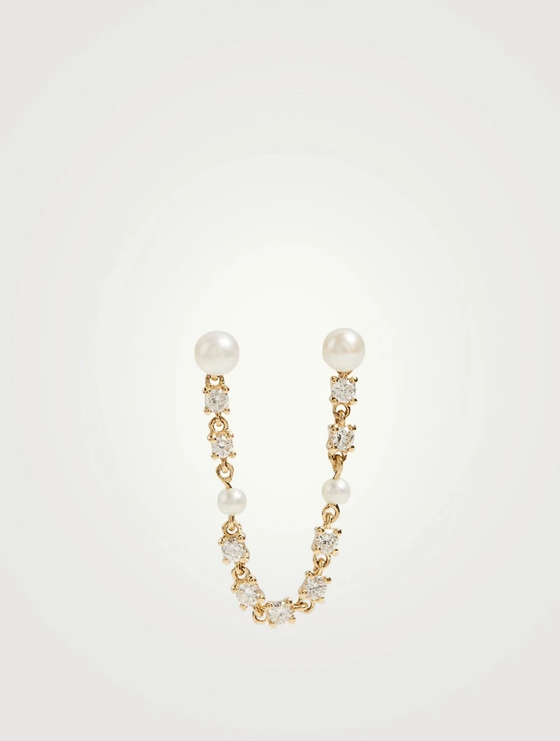 18K Gold Double Piercing Loop Earring With Pearls And Diamonds