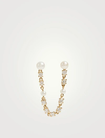 18K Gold Double Piercing Loop Earring With Pearls And Diamonds