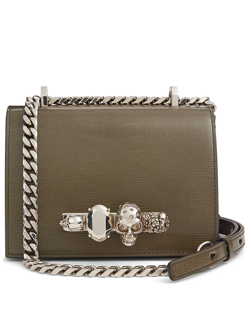 Small Lizard-Embossed Leather Jewelled Satchel Bag