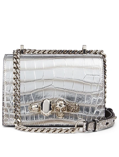 Small Croc-Embossed Leather Jewelled Satchel Bag