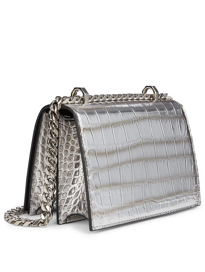 Small Croc-Embossed Leather Jewelled Satchel Bag