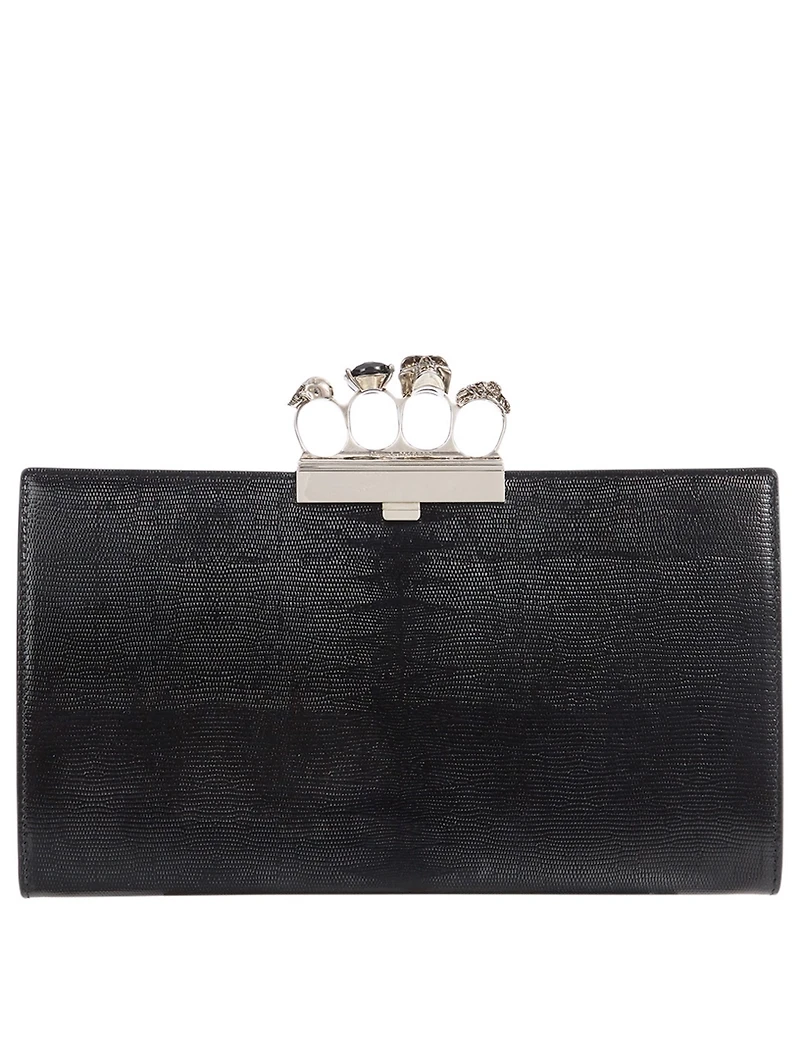 Four-Ring Lizard-Embossed Leather Clutch Bag