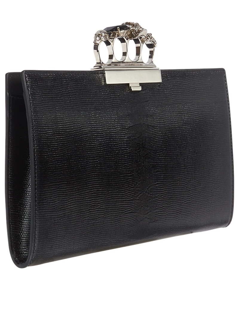 Four-Ring Lizard-Embossed Leather Clutch Bag
