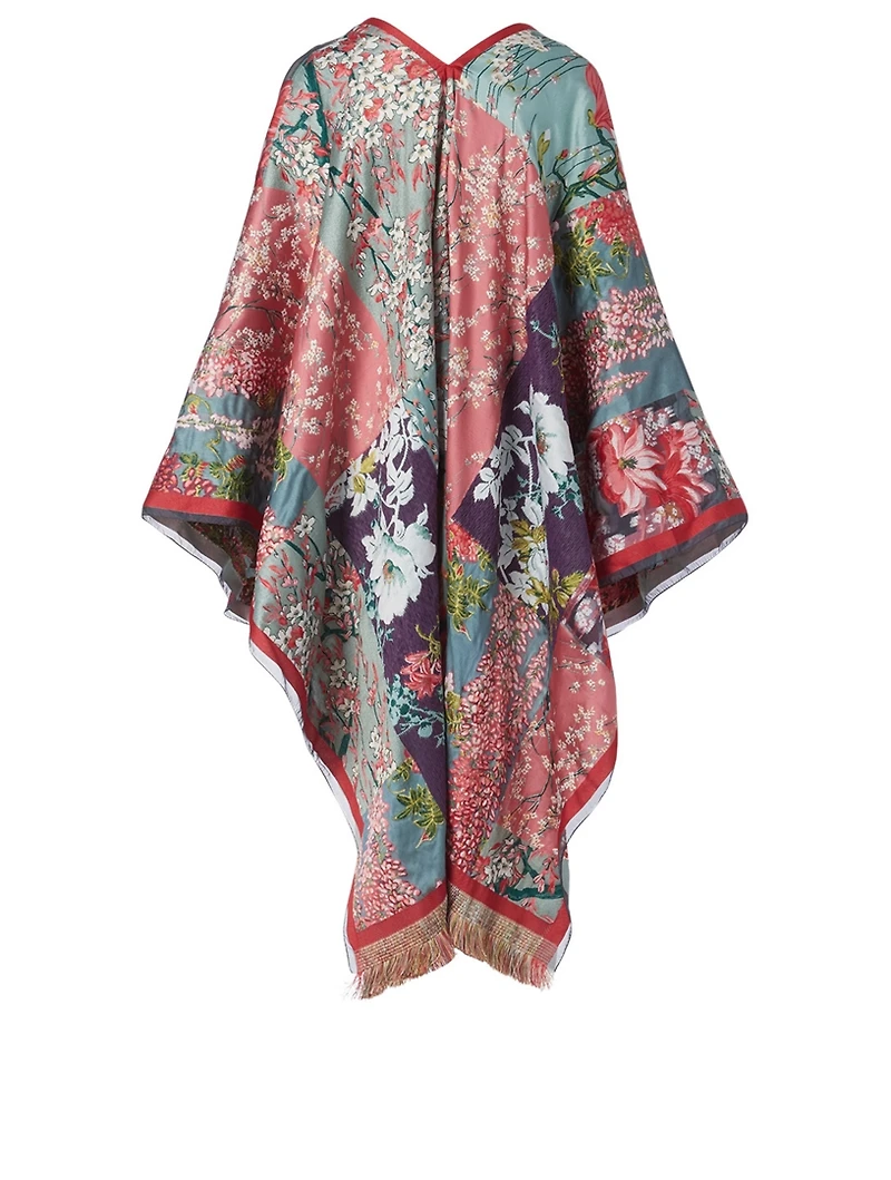 Jacquard Poncho In Floral Print With Fringe