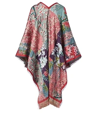 Jacquard Poncho In Floral Print With Fringe