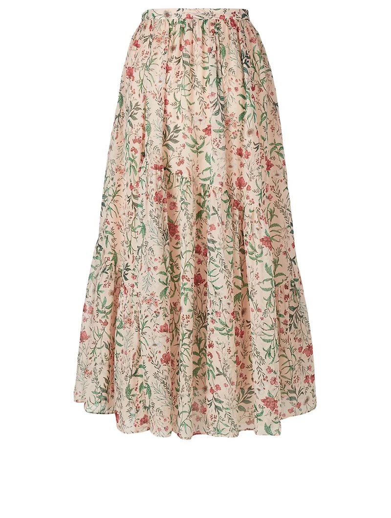Genie Silk Tiered Midi Skirt Floral Print