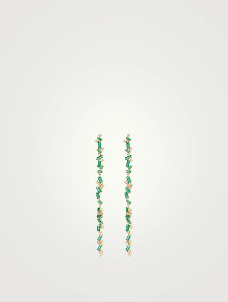 Rainbow Fireworks 18K Gold Linear Drop Earrings With Emeralds And Diamonds
