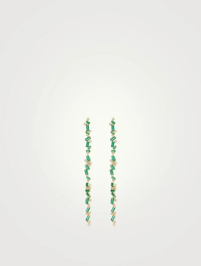Rainbow Fireworks 18K Gold Linear Drop Earrings With Emeralds And Diamonds
