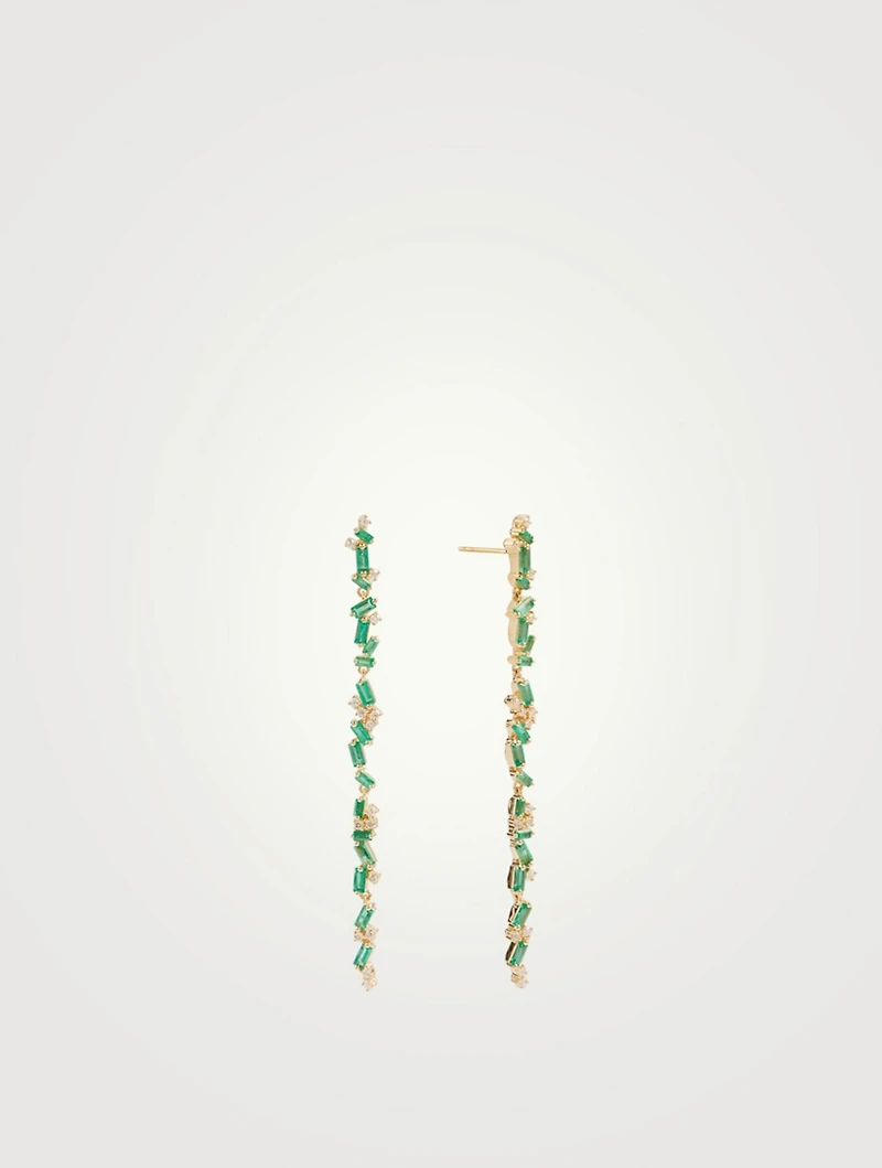 Rainbow Fireworks 18K Gold Linear Drop Earrings With Emeralds And Diamonds