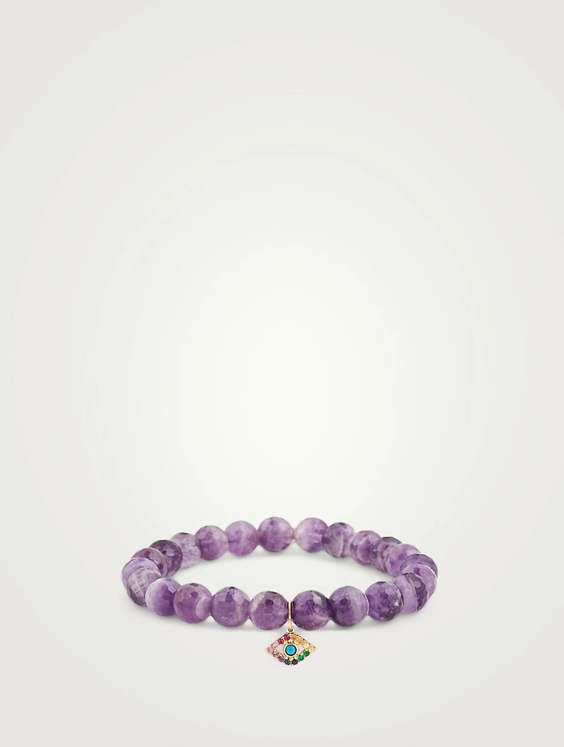 Beaded Bracelet With Large 14K Gold Evil Eye Charm