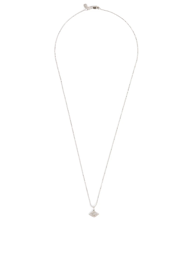14K White Gold Large Bezel Evil Eye Necklace With Diamonds