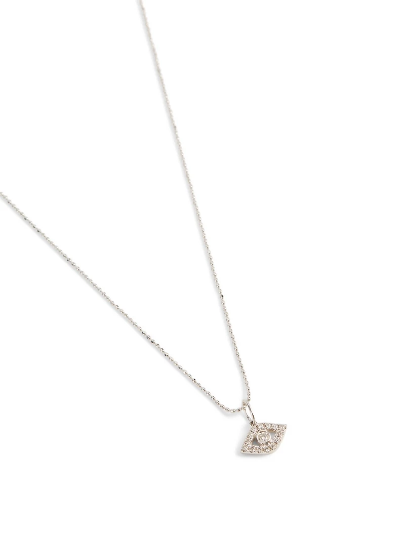 14K White Gold Large Bezel Evil Eye Necklace With Diamonds